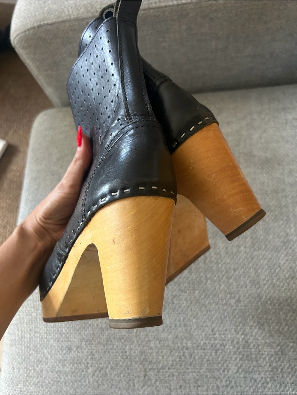 Swedish Hasbeens Black Leather Platform Heeled Clogs